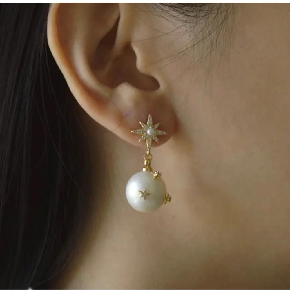 Star & Moon Asymmetrical Faux Pearl Drop Gold-Tone Earrings w Crystal Stars✨ - Picture 3 of 7